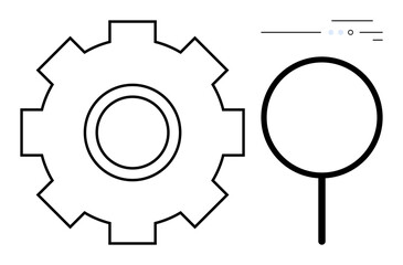 Simple gear icon next to a magnifying glass outline, with a minimal progress bar above. Ideal for technology, search functionality, optimization, settings, research, investigation, and progress. Line