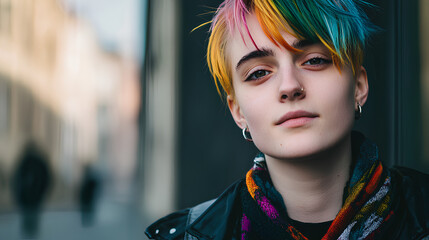 Obraz premium Woman with rainbow colored hair