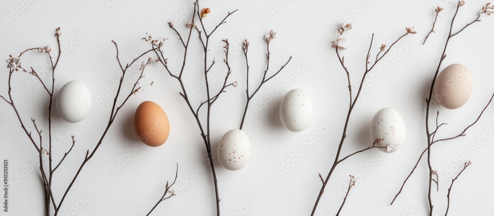Poster flat lay of decorated easter eggs and delicate branches on a neutral background with space for text 