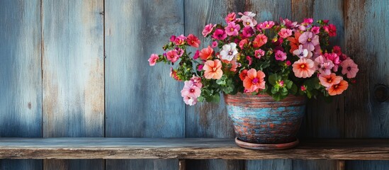 Fototapeta premium Vibrant flowerpot with colorful blooms on rustic wooden shelf adding charm to home decor and interior design aesthetics.
