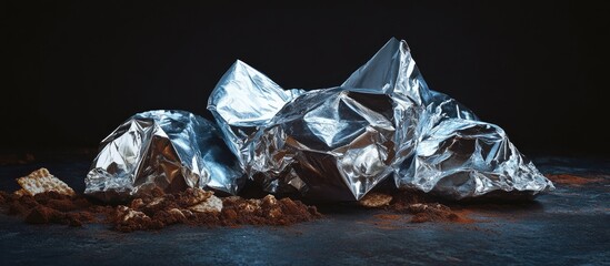 Naklejka premium Crumpled foil snack bags creatively arranged to mimic mountainous iron ore formations against a dramatic dark backdrop