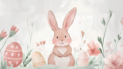 Obraz premium Rabbit is sitting in a field of flowers and eggs