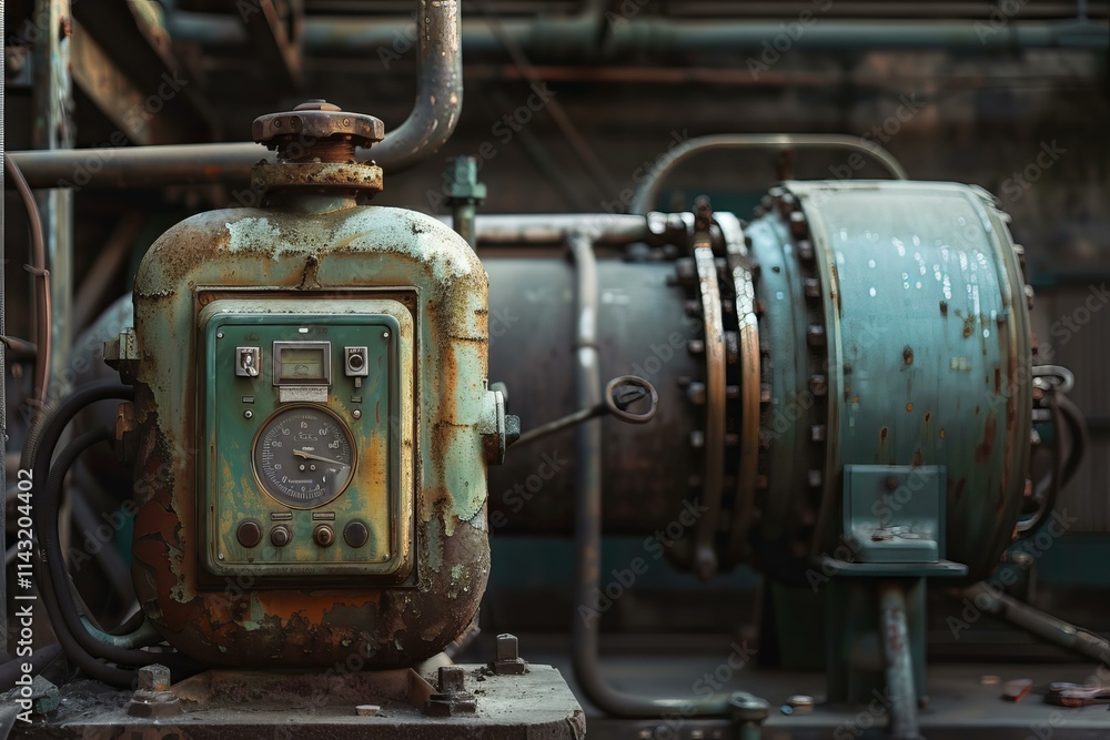 Poster old rusty industrial machine with analog display and control panel in a factory, concept of industry