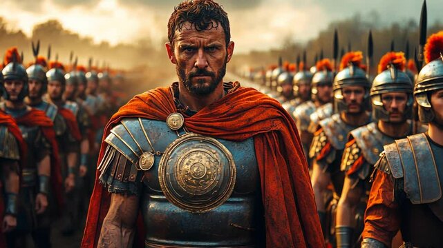 A lead warrior stands at the forefront, wearing armor and a red cloak, while soldiers gather behind him, readying for an impending clash in a striking historical environment