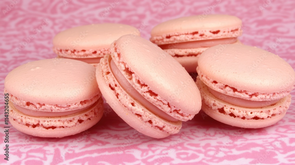Poster delicate pink macarons stacked on a soft patterned background showcasing their elegant design and ta