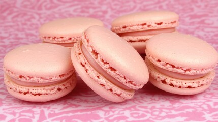 Fototapeta premium Delicate pink macarons stacked on a soft patterned background showcasing their elegant design and tasty appeal.