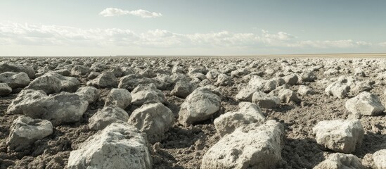 Vast expanse of pumice stone landscape under a cloudy sky with a dry, arid terrain highlighting the unique geological features of the area