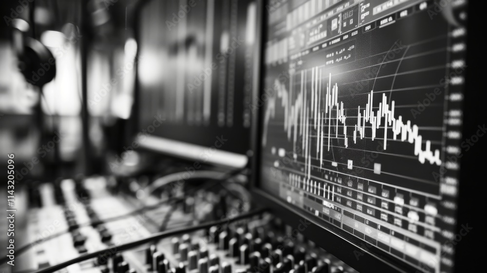 Poster close-up of a modern audio mixing console and digital soundwave graphs displayed on monitors, evokin