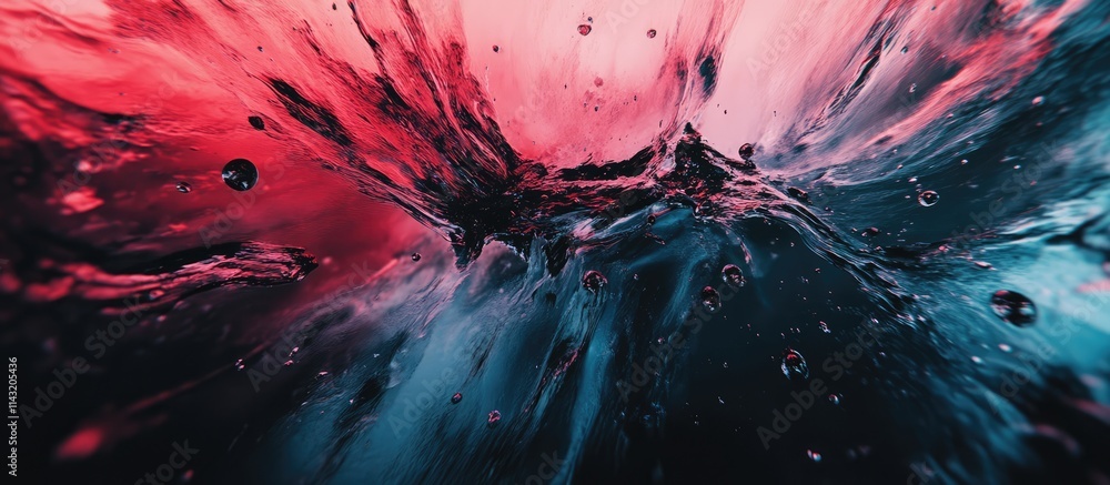 Poster colorful abstract fluid motion with bubbles and vibrant hues of red and blue creating an energetic a
