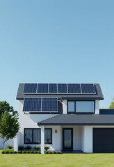Naklejka premium Renewable energy concept. Solar panels on the roof of a modern single family house. Green energy. 3D rendering, minimalism, with white tones
