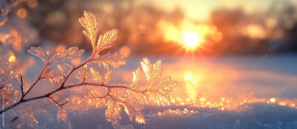 Poster frosted window design illuminated by sunrise creating a serene winter atmosphere with delicate ice p