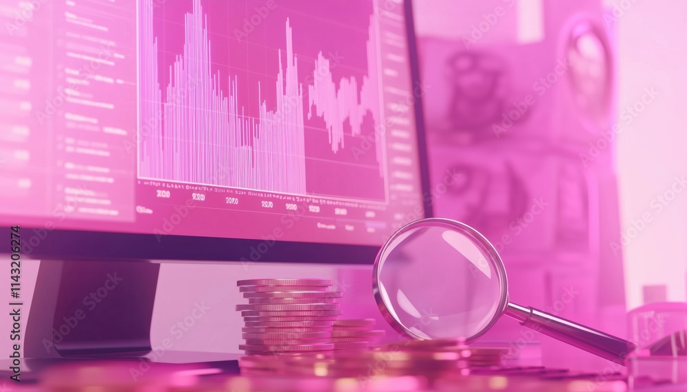 Poster analysis of business financial data on marketing using a computer with charts and graphs, dollar coi