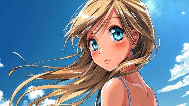 Emotive anime girl gazing sadly at the camera, wind blowing through her hair.