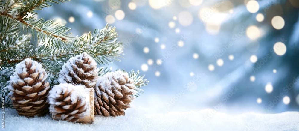 Poster fir tree cones and gift boxes on snowy winter background with soft bokeh lights creating a festive a