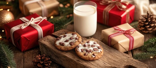Fototapeta premium Festive Christmas cookies with milk and wrapped presents on a rustic wooden table creating a cheerful holiday atmosphere