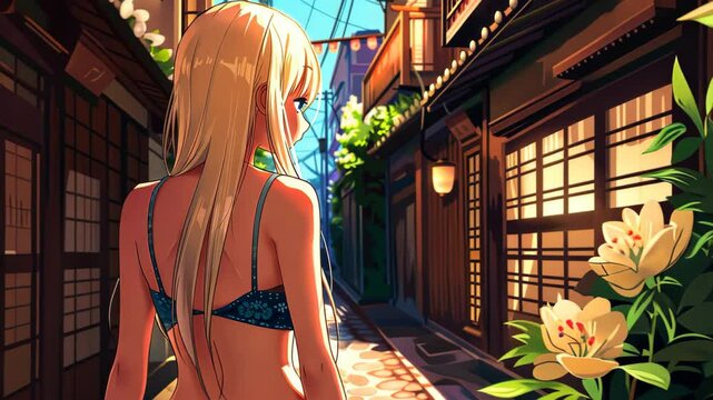 Enchanting Japanese alleyway blonde girl in sundress, animestyle illustration.