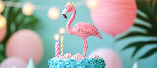 Flamingo themed birthday cake decoration with candles featuring vibrant colors festive celebration atmosphere