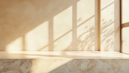 Neutral Aesthetic Bathroom Interior With Empty Granite Counter Top And Sunlit Beige Walls - Perfect For Product Placement Mockup Stage.