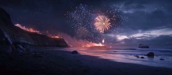 Spectacular Fireworks Display over a Serene Shoreline with Dramatic Lighting and Night Sky Reflections