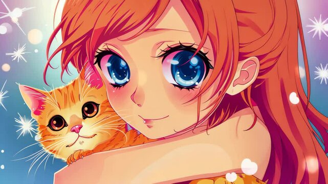 Adorable anime girl holding a smiling cat, charming and cute illustration in manga style.