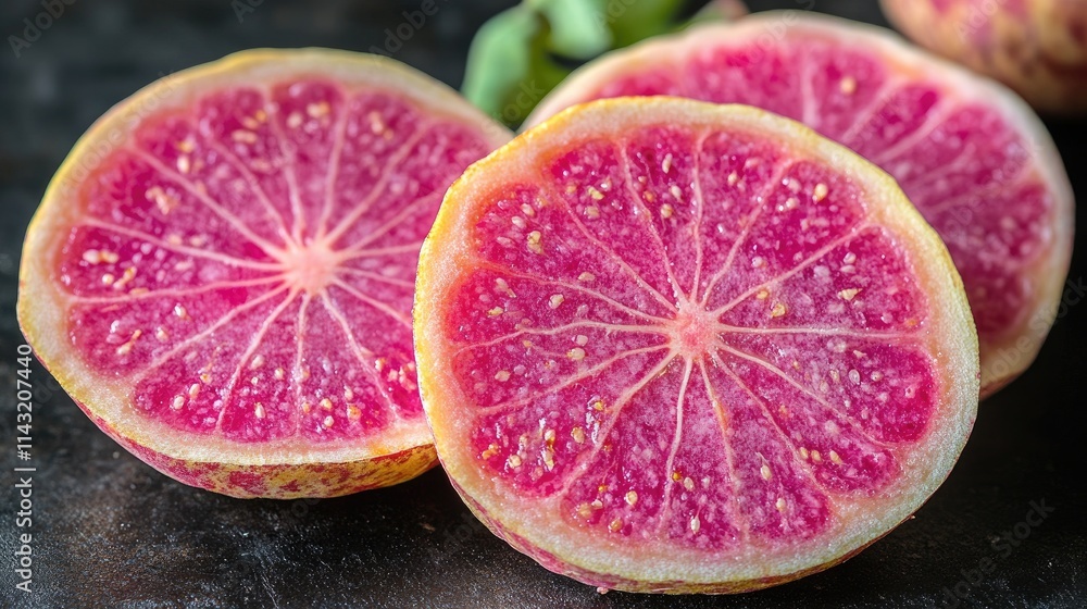 Poster closeup of vibrant pink watermelon radish slices isolated on a dark background showcasing intricate 