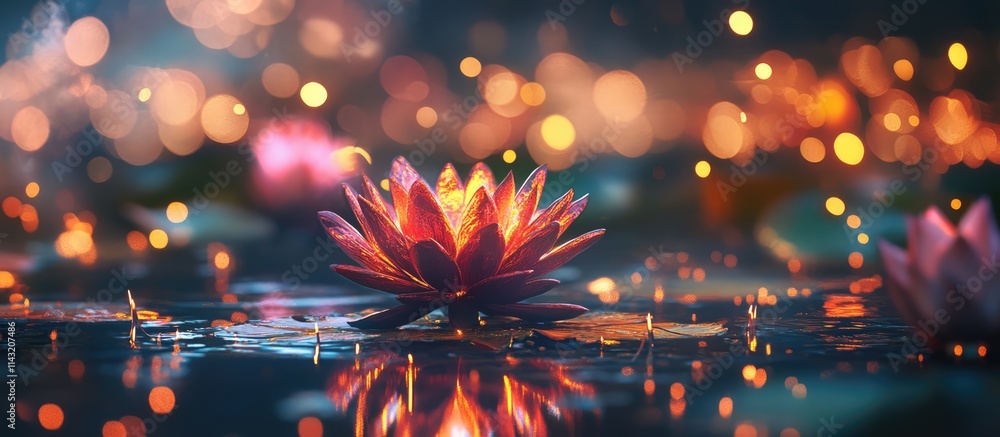 Poster Vibrant lotus flowers floating on calm water reflecting colorful lights and bokeh effects creating a serene and enchanting atmosphere