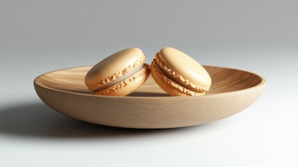Fototapeta premium Elegant French macarons displayed on a rustic wooden dish highlighting their delicate texture and pastel color for a gourmet dessert appeal