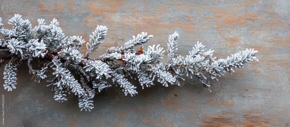 Aufkleber fir branches adorned with hoarfrost on a rustic wooden background with space for text and a focus on