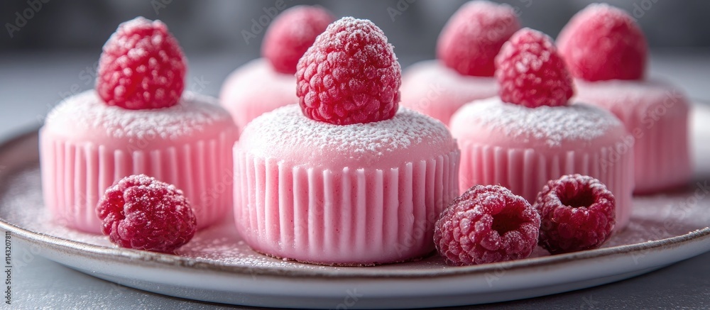 Poster pink raspberry cupcakes dusted with powdered sugar displayed on a plate against a neutral background
