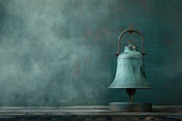 Old ship bell with a verdigris patina stands on a wooden table against a green background