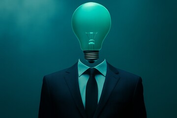 A light bulb crowning a figure in a dark suit stands for ideas and creativity.