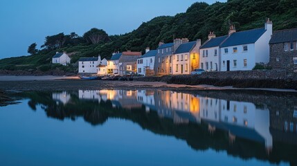 Fototapeta premium Serene Coastal Village at Dusk: A Picturesque Reflection