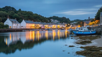 Fototapeta premium Picturesque Twilight Harbor: Scottish Coastal Village at Dusk