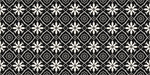 Vector floral seamless pattern with ethnic folk motifs. Simple black and white abstract geometric ornament texture with small flowers, repeat tiles. Elegant monochrome background. Repeated geo design