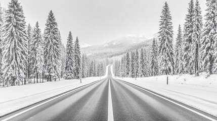 Obraz premium A serene winter landscape showcasing snow-covered trees and a curving road.