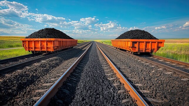 Two Orange Freight Train Cars Loaded with Coal on Parallel Tracks in Rural Landscape Under Clear Blue Sky