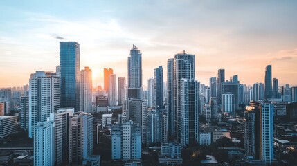 Sunset over the City Skyline: A Stunning Aerial View of Modern Architecture