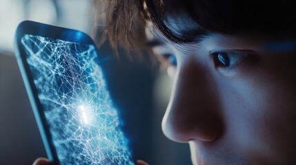 Intrigued Gaze: A Young Man absorbed in a complex digital network visualized on his Smartphone screen.