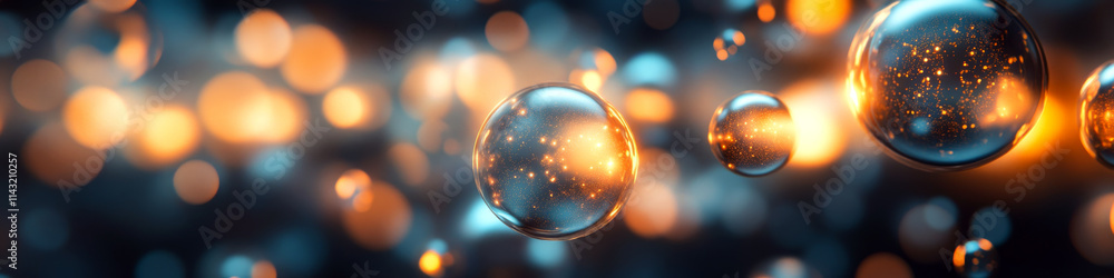 Poster bubbles float against a background of glowing orange bokeh lights, creating a dreamy effect. concept