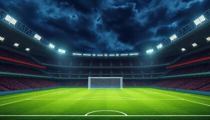 Obraz premium Empty soccer stadium at night. Filled stands. Dramatic clouds fill sky. Illuminated field. Ready for game. Spectators filled tiers of stadium. Exciting atmosphere. Soccer game about to begin.
