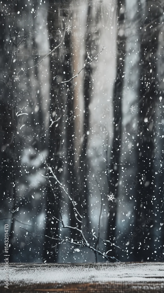 Poster a close-up view of snow falling through a blurred background of forest trees, creating an artistic a