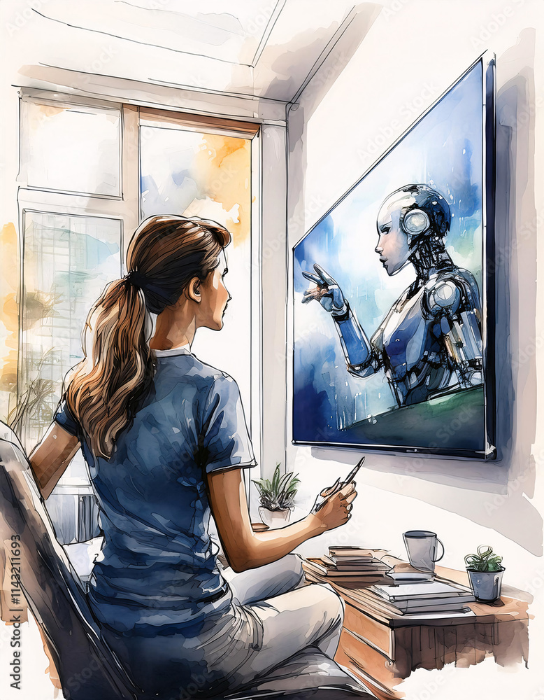 Poster a person sits in a modern room, interacting with a robot displayed on a large screen, suggesting a c