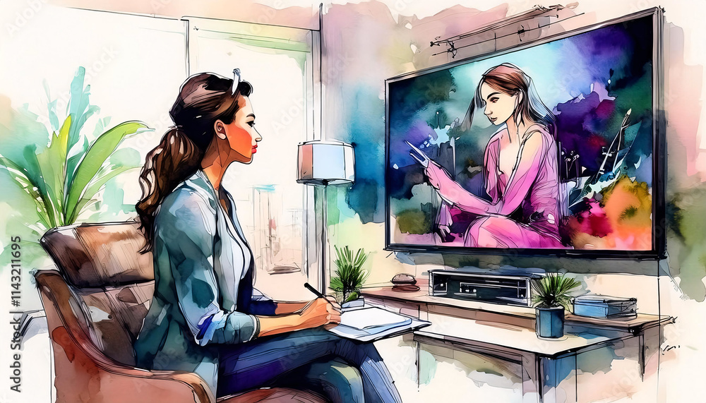Poster a person sits in a modern room, interacting with a robot displayed on a large screen, suggesting a c