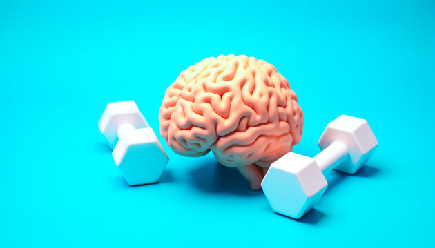 A conceptual image of a human brain model next to dumbbells against a blue background, symbolizing the connection between mental strength and physical fitness, emphasizing health and exercise.