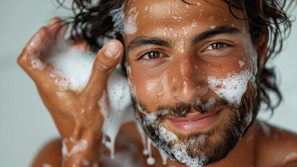 Close-up of Handsome Man in Skincare Routine with Foamy Lather