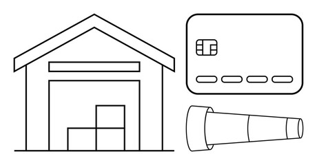 Warehouse with stacked boxes, credit card, and megaphone. Ideal for logistics, e-commerce, payment processing, marketing campaigns, inventory management, communication strategies customer service