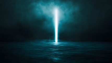 An abstract design of a lighthouse by the ocean, with a beam of light cutting through the dark. Lighthouse beam illustration.