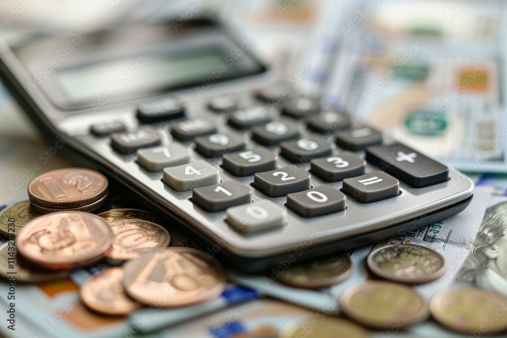 Poster accountant is calculating expenses using a calculator on a desk covered in dollar bills and coins
