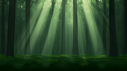 A minimalist design of a dense forest with light filtering through the trees. Forest with light rays.