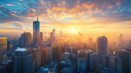 Obraz premium Golden Hour Metropolis: A Panoramic View of City Skyline at Sunrise